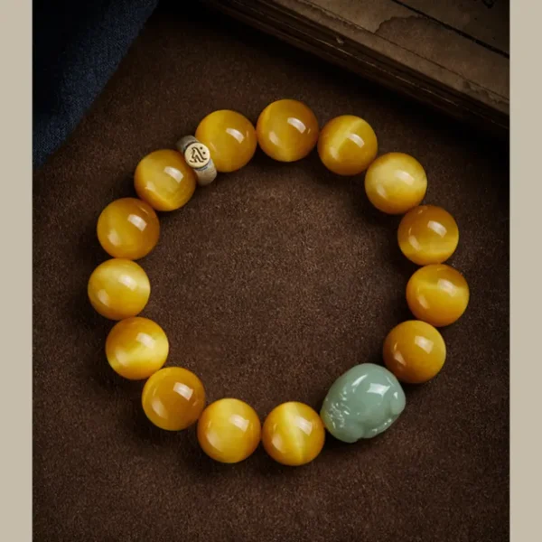 Yellow Tiger Eye bracelet featuring a Hetian Jade Pixiu centerpiece and 925 silver zodiac guardian charm