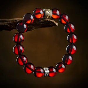 Blood Amber Zodiac Protection Bracelet – Six-Word Mantra & Guardian Buddha