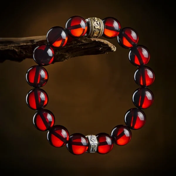 Circular Blood Amber Bracelet with Guardian Mantra and Buddhist Bead