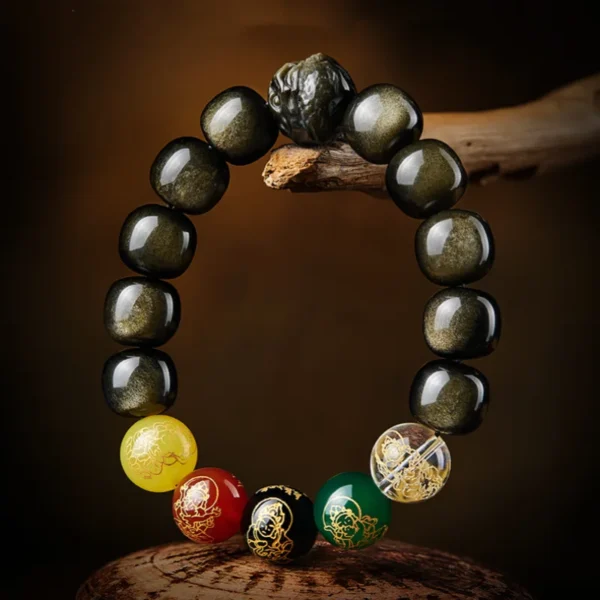 Zodiac Wealth Bracelet standing upright on wooden base