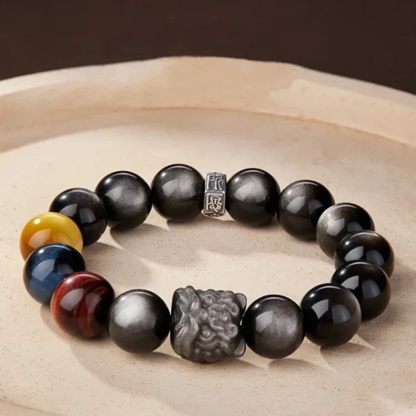 Silver Obsidian Lion Head Bracelet with Tiger Eye Beads