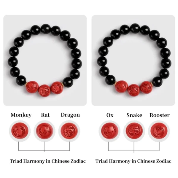 Complete set of obsidian bracelets with red cinnabar zodiac trios