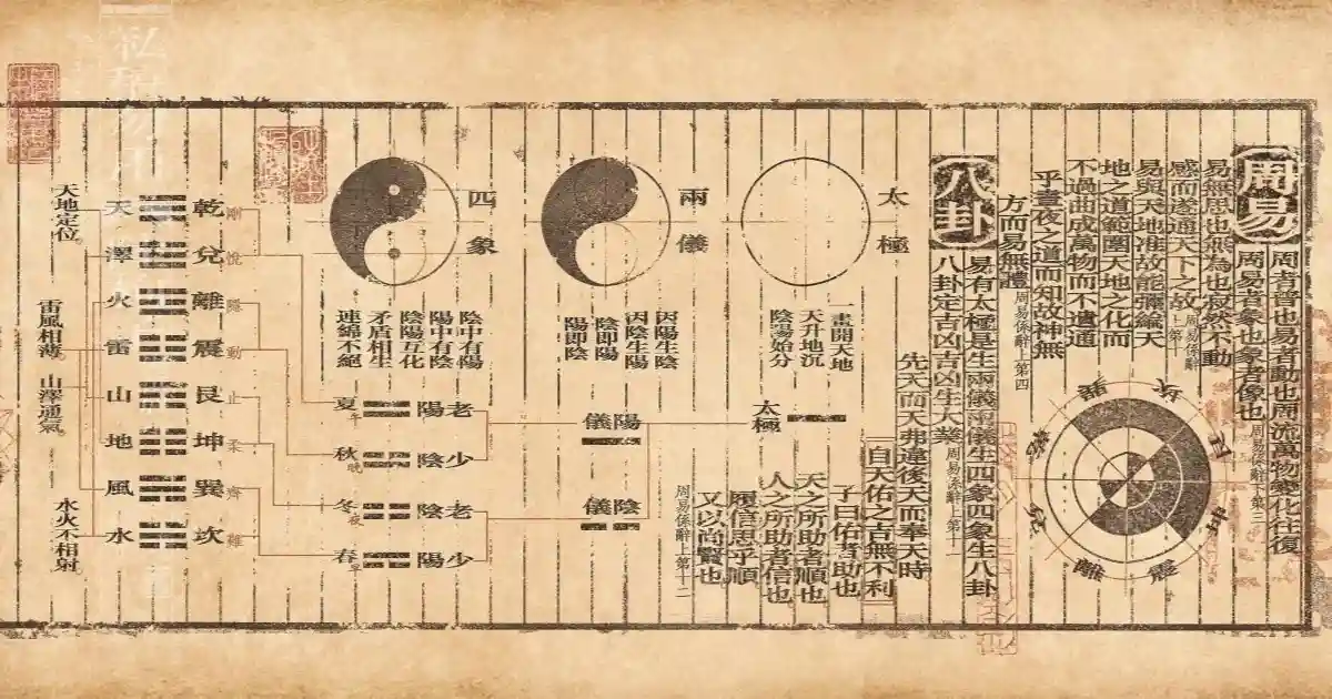 Feng Shui Bagua Chart with Five Elements Yin Yang Symbols