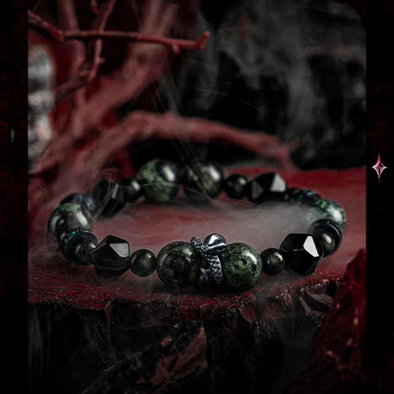 GUXI Kambaba Jasper and Obsidian men's bracelet with silver snake charm