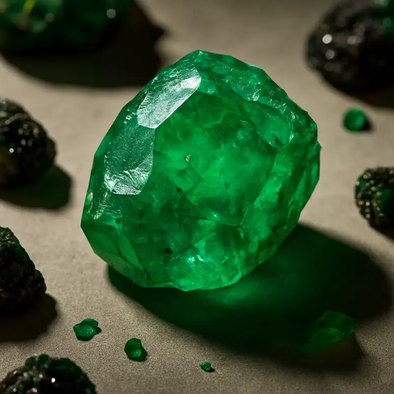 A vivid green emerald crystal representing the May birthstone, symbolizing love, rebirth, and prosperity