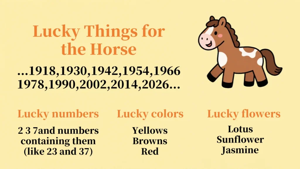 Cute horse illustration with text listing lucky numbers, colors, and flowers for people born in Horse years like 1990, 2002, and 2026.