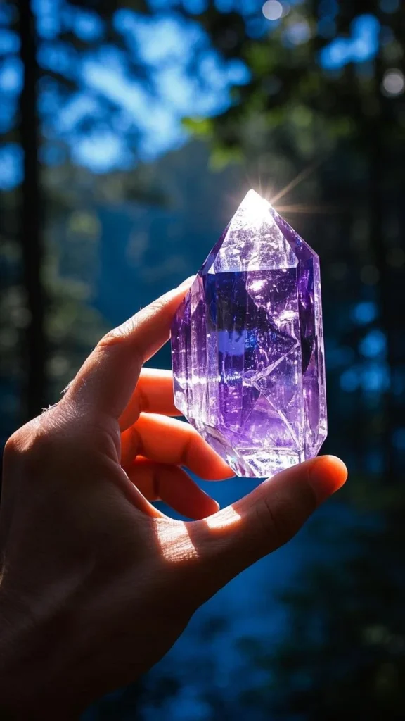 Holding natural amethyst and bathing in the sun
