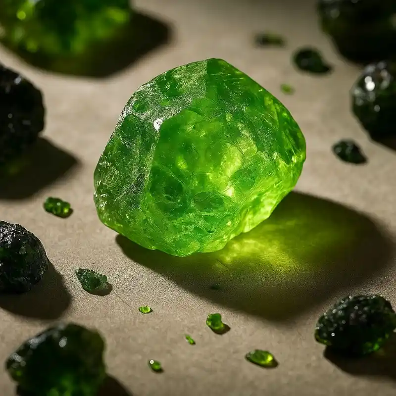 High-resolution photo of a raw peridot crystal – the August birthstone known for happiness, energy, and healing.