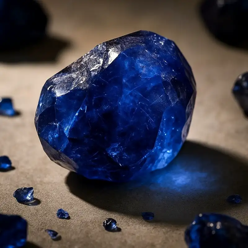 Raw blue sapphire crystal, September birthstone symbolizing wisdom and protection