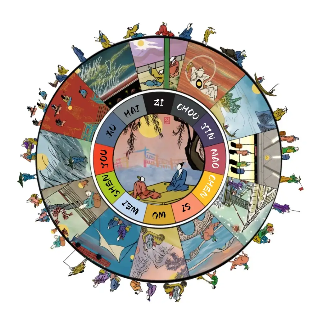 Ancient Chinese 12 Earthly Branches and Hours chart in traditional-style illustration