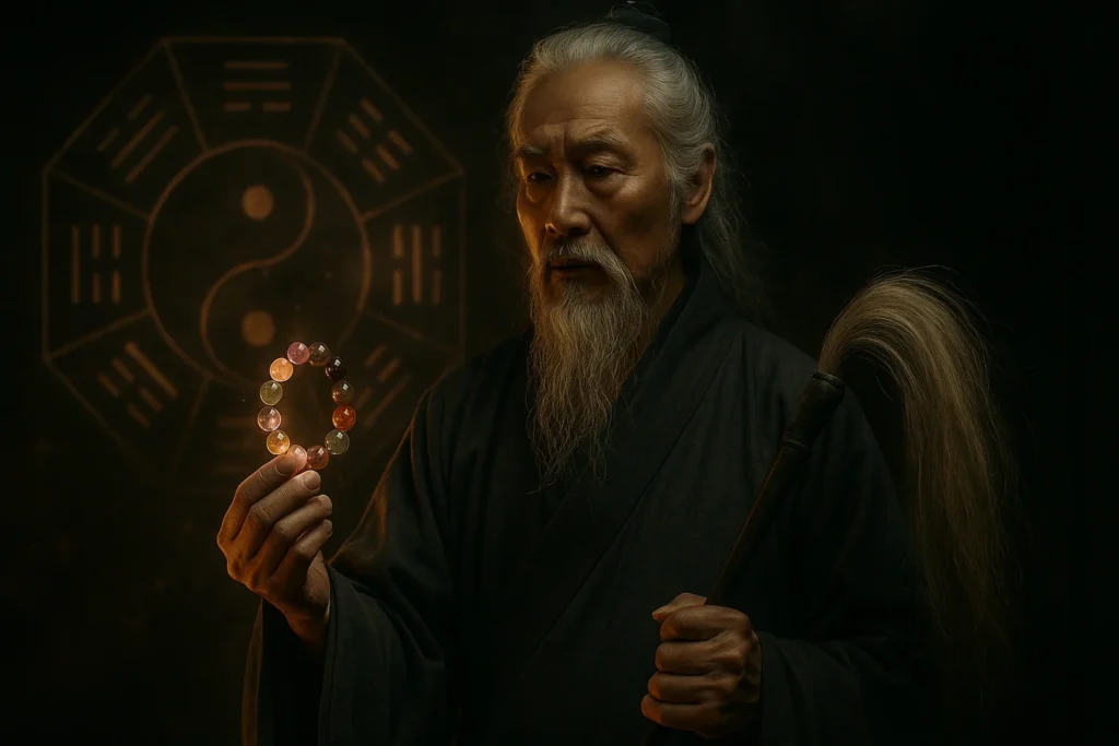 Taoist master holding a glowing Feng Shui energy bracelet with Bagua and Yin-Yang symbol in the background, symbolizing ancient Eastern wisdom and spiritual protection.