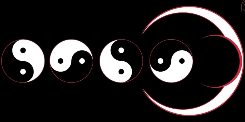 Vertical arrangement of multiple yin and yang symbols with red outlines on a black background, representing Chinese philosophical balance.