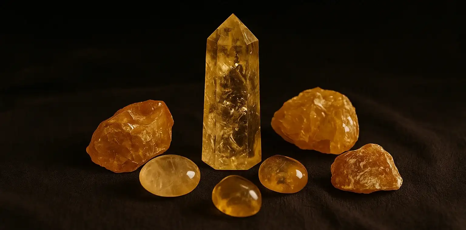 Citrine crystal points and raw stones symbolizing wealth energy and abundance on a dark background