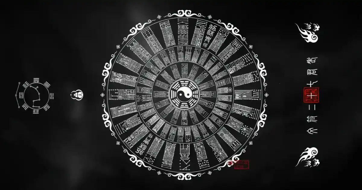 A black-and-white Bagua diagram with Yin-Yang at the center, surrounded by trigrams and symbols of the Five Elements, representing the Water element’s role in harmony and balance.