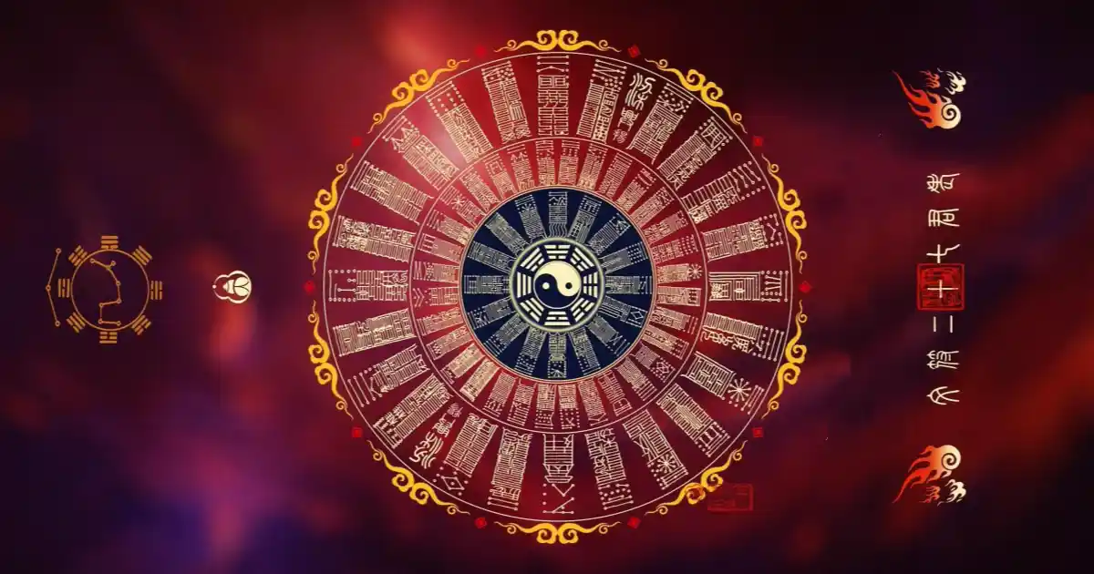 Chinese cosmology wheel with I Ching hexagrams, central yin-yang, and fire motifs representing the Fire element in the Five Elements system.