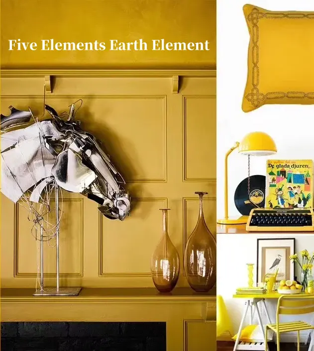 Interior design collage featuring earth - element - inspired yellow tones, with wall art, vases, and furnishings. Demonstrates using warm colors and natural - feeling decor to embody Five Elements Earth energy for a grounded, harmonious home.