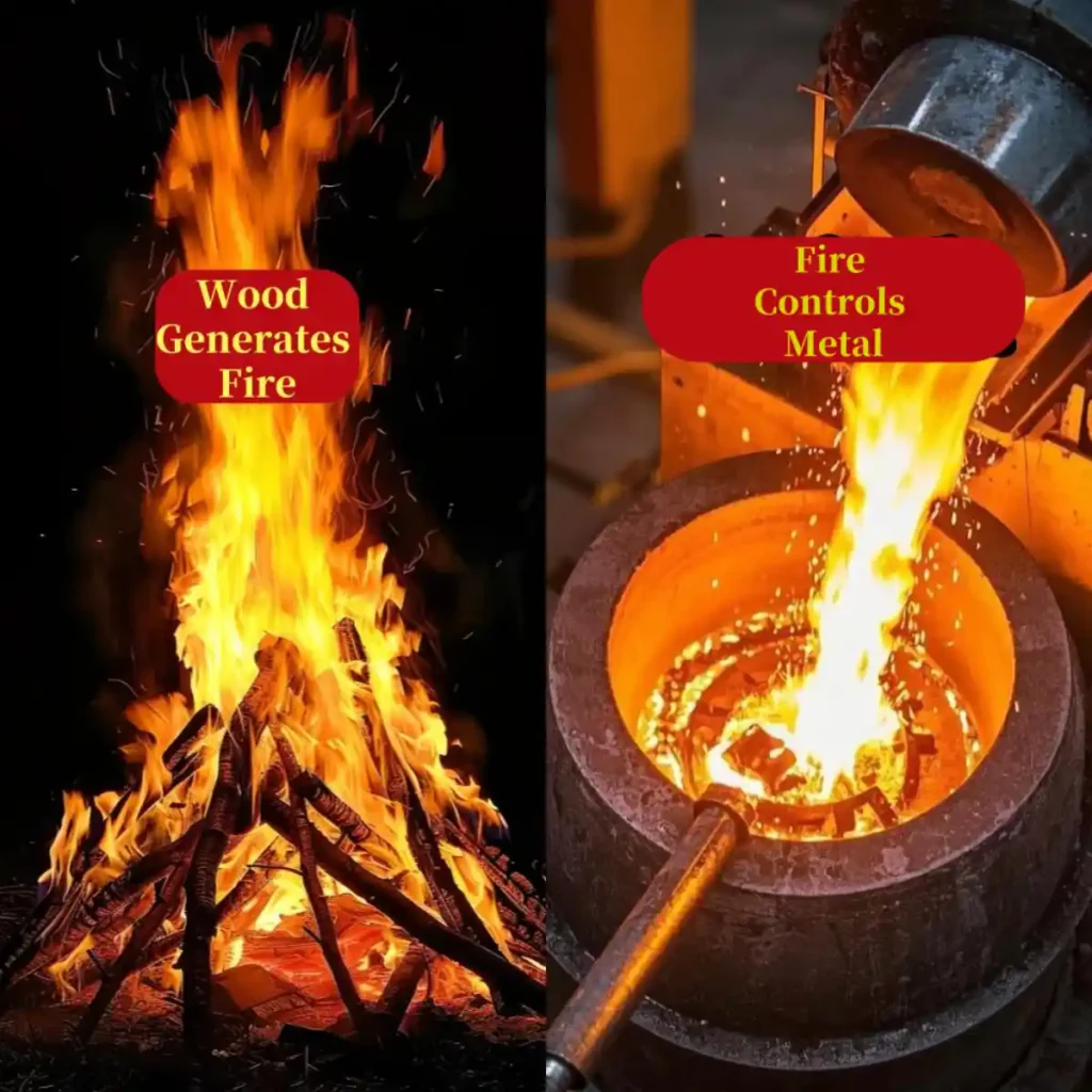 Two-part image illustrating Five Elements Fire Energy relationships. Left side: Burning wood vividly demonstrates "Wood Generates Fire", symbolizing how wood fuels fire and represents the generative aspect of Five Elements Fire Energy. Right side: Molten metal in a furnace shows "Fire Controls Metal", highlighting how fire transforms metal, reflecting the controlling function of Five Elements Fire Energy within the Five Elements system.