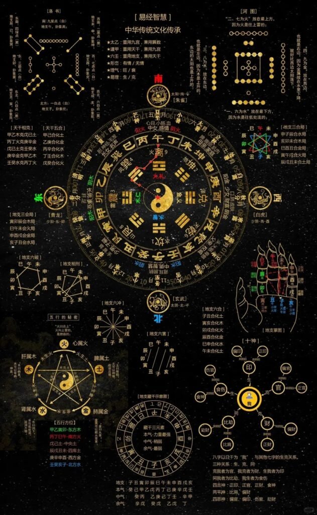 Heavenly Stems and Earthly Branches chart showing the 10 celestial stems paired with the 12 terrestrial branches in a 60-year cycle layout.