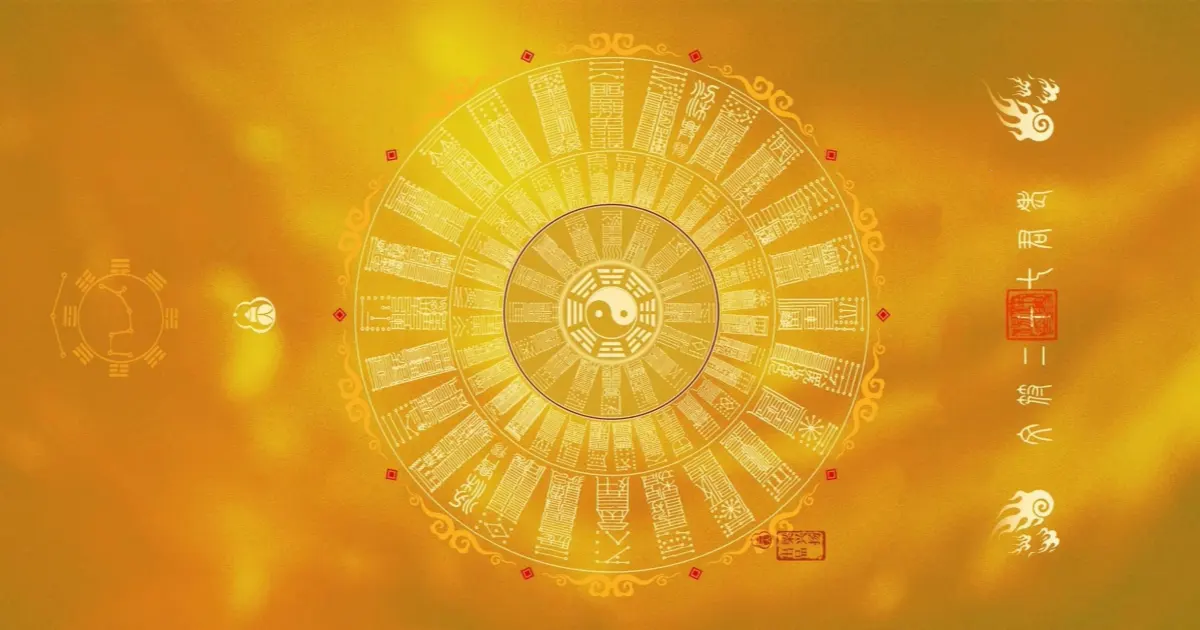 Traditional Chinese cosmological diagram with Yin - Yang, Bagua, and ancient symbols in gold, representing the Earth element’s role in the Five Elements theory, illustrating energy balance, stability, and cyclical harmony for Feng Shui and astrology themes.