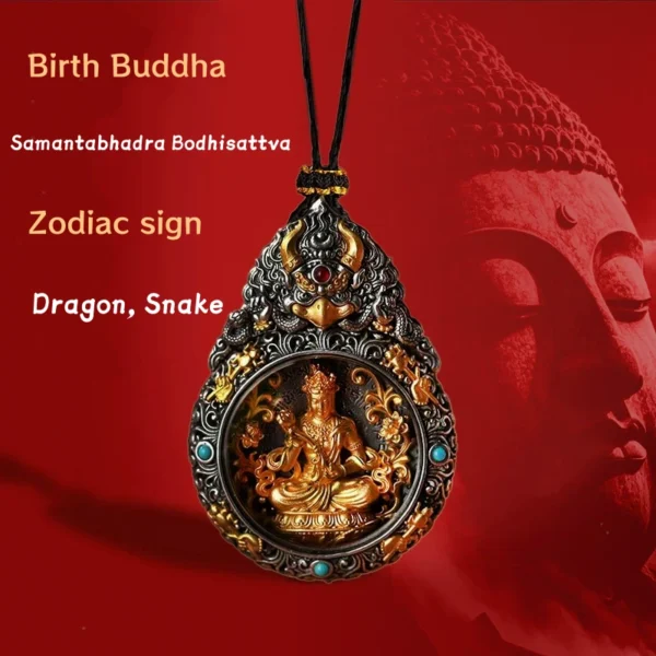 Brass Samantabhadra (Puxian) Birth Buddha pendant for Dragon and Snake zodiacs, finely carved Buddhist amulet.