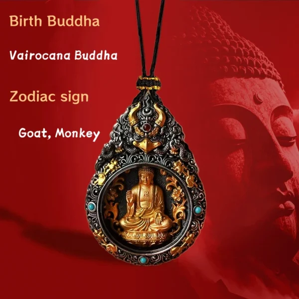 Brass Vairocana Buddha pendant for Goat and Monkey zodiac signs, finely detailed Buddhist amulet.