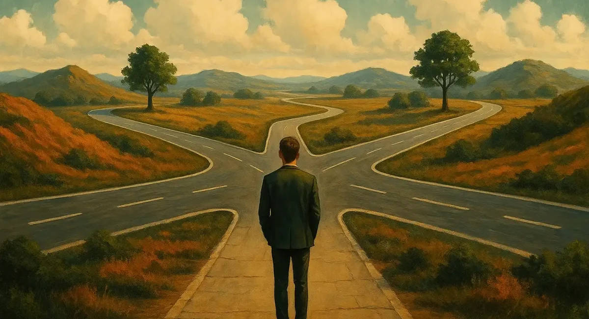 A Man Standing at a Crossroad, Symbolizing Life’s Choices and Destiny in Bazi Chart Free BaZi Reading